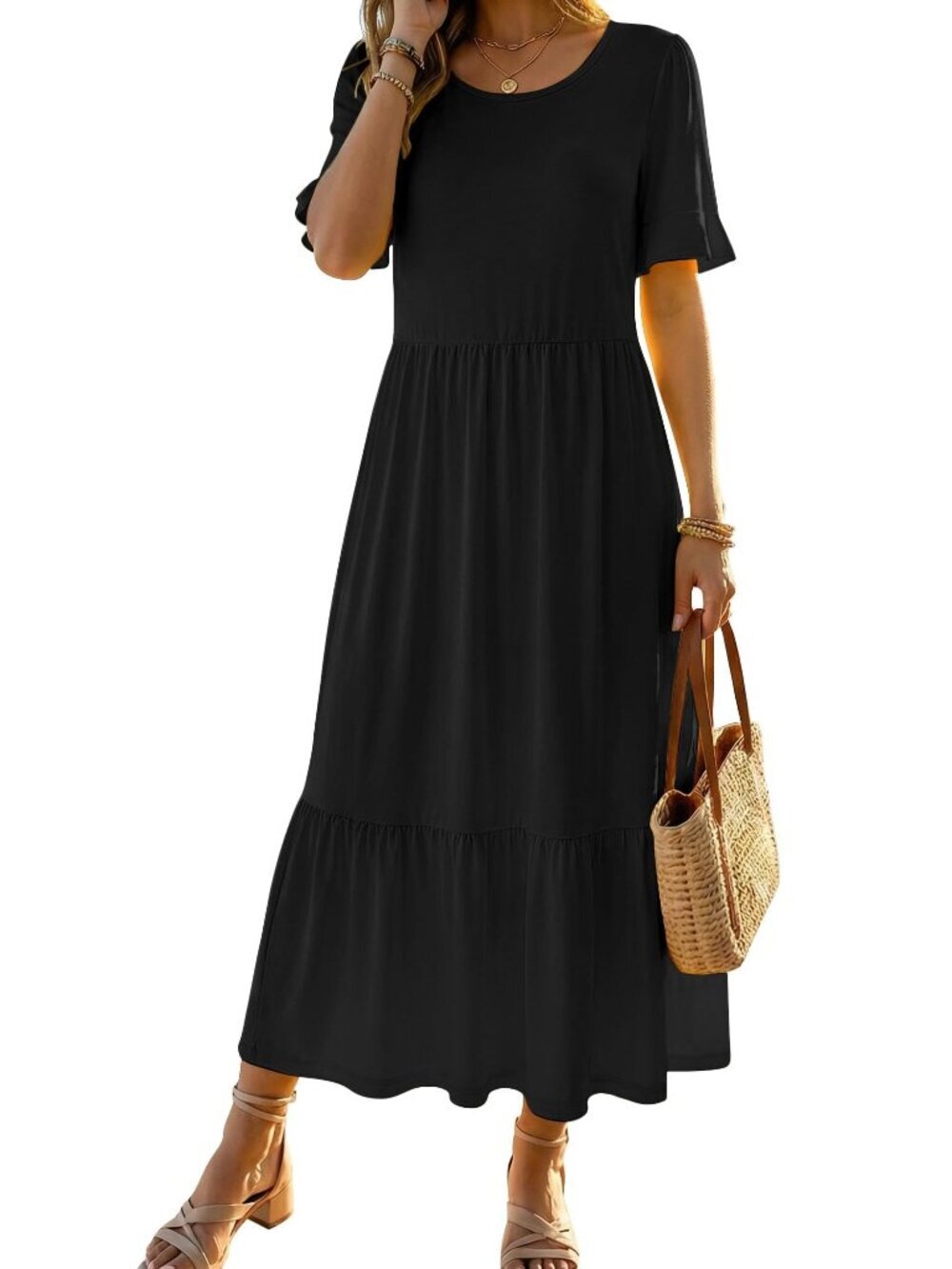 🆕 Summer Dresses for Women Casual Midi Dress Ruffle Short Sleeve Tiered